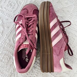 Adidas Women's Burgundy and Pink Velvet/Suede Gazelle Bold Sneakers